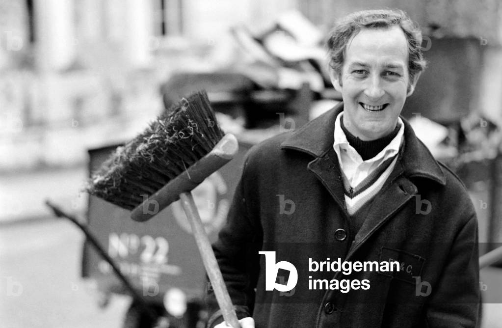 Is work wonderful?. Feature. At work in Kensington West London road sweeper John Sheppard aged 45 from Kensington, April 1977 (b/w photo)