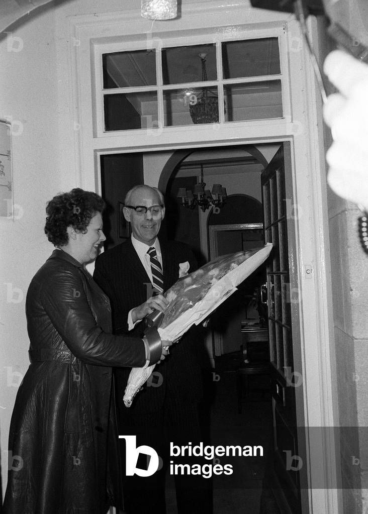Margaret Thatcher February 1975, winning Conservative Leadership Election. Picture shows husband Denis Thatcher.