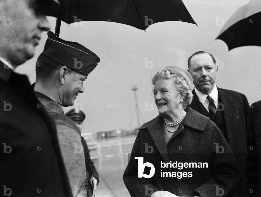 Lady Churchill christens one of the three USA Sabre jets that will fly non-stop to Virginia. 12th May 1957 (b/w photo)