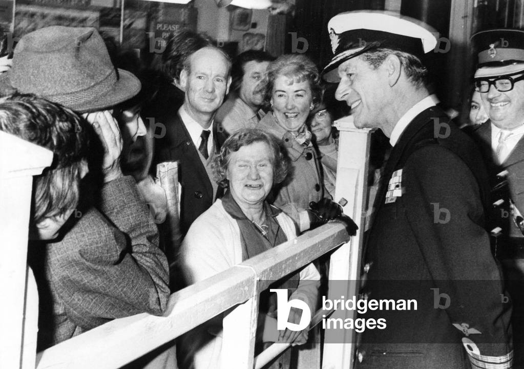 Prince Philip, Duke of Edinburgh, visits the Byker Wall Housing development in Byker, Newcastle - chatting to local people, 08/11/1974