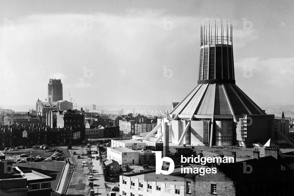 Liverpool's two cathedrals (Anglican and Catholic) - linking them together is Hope Street. Merseyside, March 1967 (b/w photo)