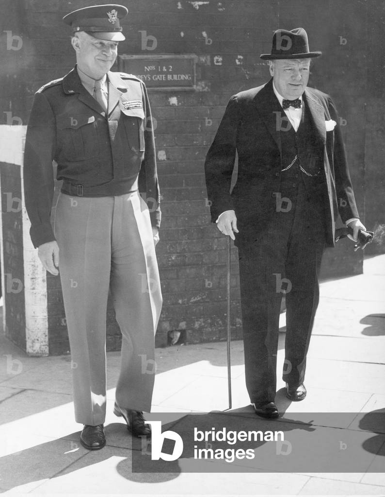General Dwight D. Eisenhower with Winston Churchill after talks about the situation in Europe following the Allied victory, 16th May 1945 (b/w photo)