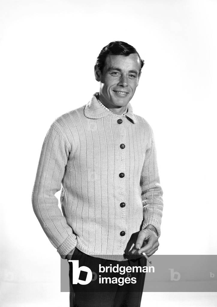 Model John Handy wearing cardigan in Reveille Studio . 1960