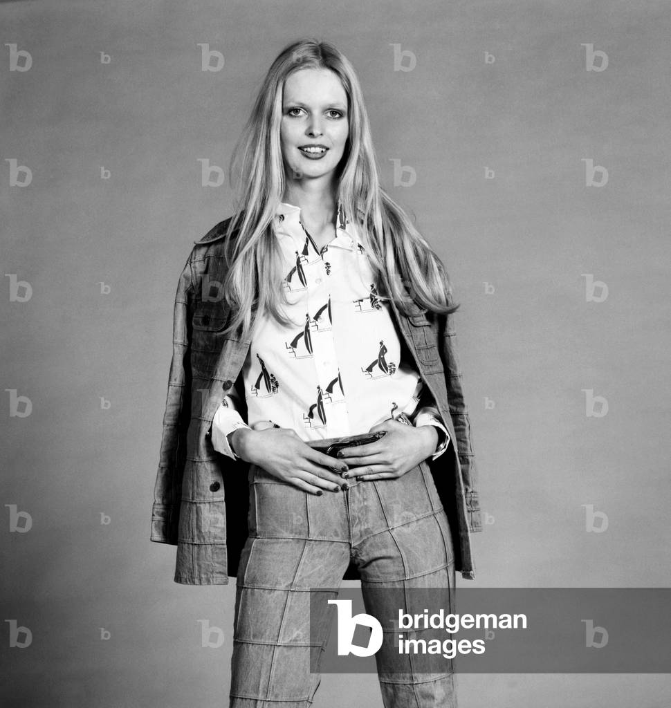 Lise-Lotte. Swedish model wearing flared trouser suit, March 1975 (b/w photo)