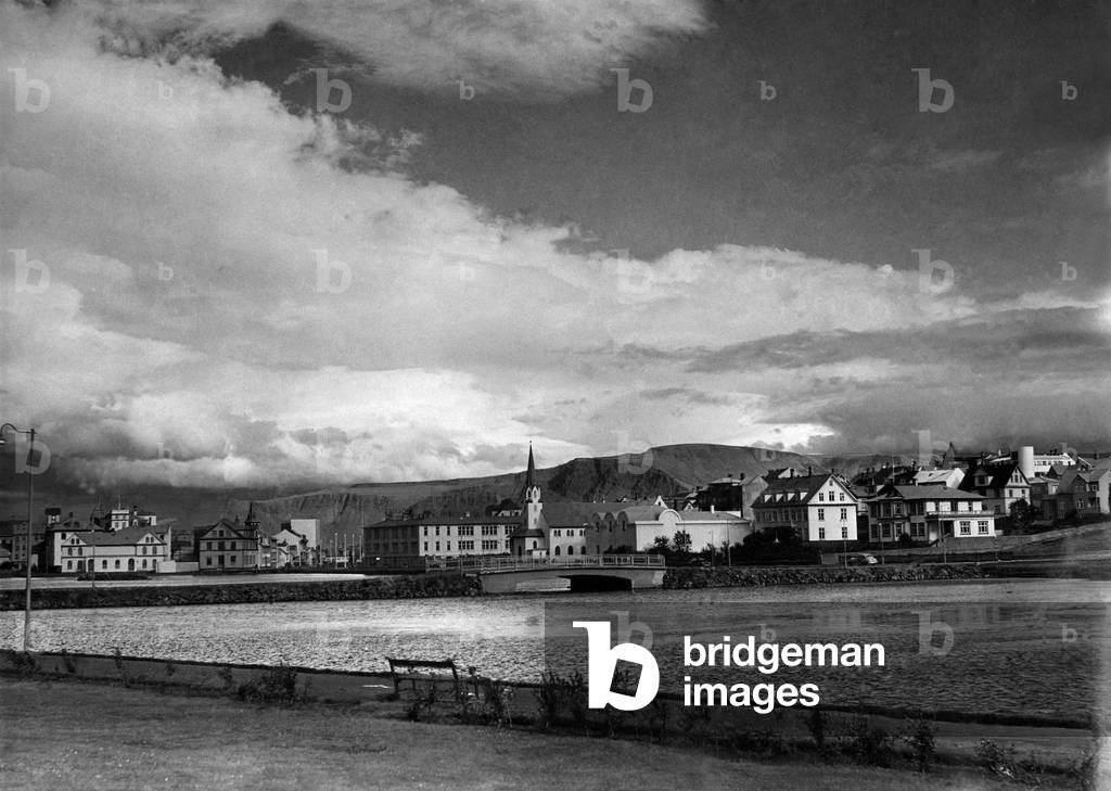 Iceland's capital Reykjavik seen here from the sea, September 1951 (b/w photo)