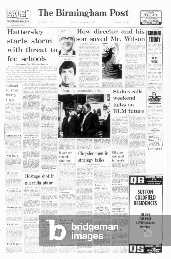 The Birmingham Post Front Page. Published Saturday 8th September 1973.