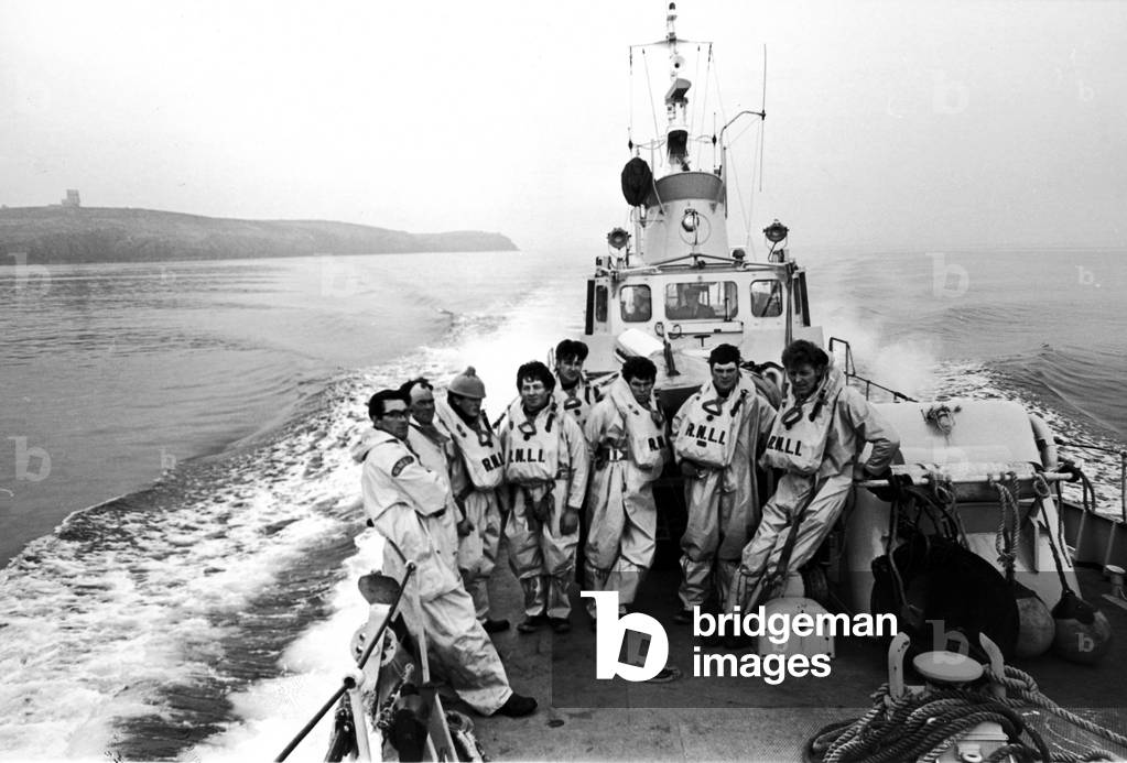 The new lifeboatmen of Longhope, the tiny village on the Orkney island of Hoy. Eight men from the village lost their lives in the Lifeboat Day disaster in March, going to help a cargo ship in distress. 15th May 1969 (b/w photo)
