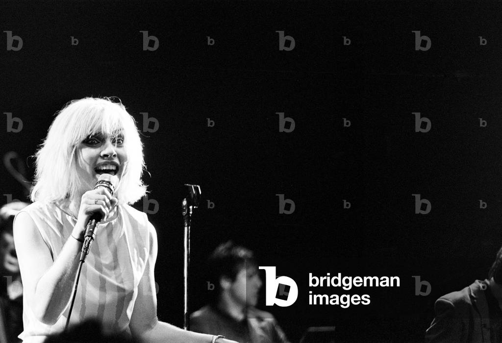Debbie Harry in concert with Blondie, at the Odeon, Birmingham, part of their European Tour 1979-'80. 7th January 1980 (b/w photo)