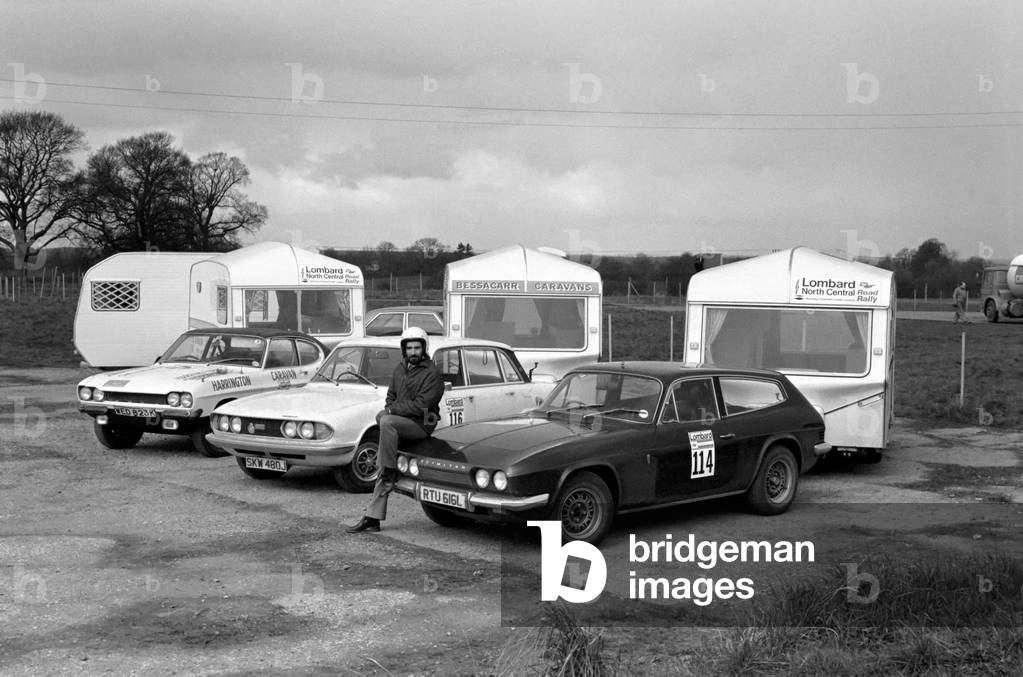 Practice Day at Silverstone Circuit for some of the Caravans taking part in this year's International Rally, March 1975 (b/w photo)
