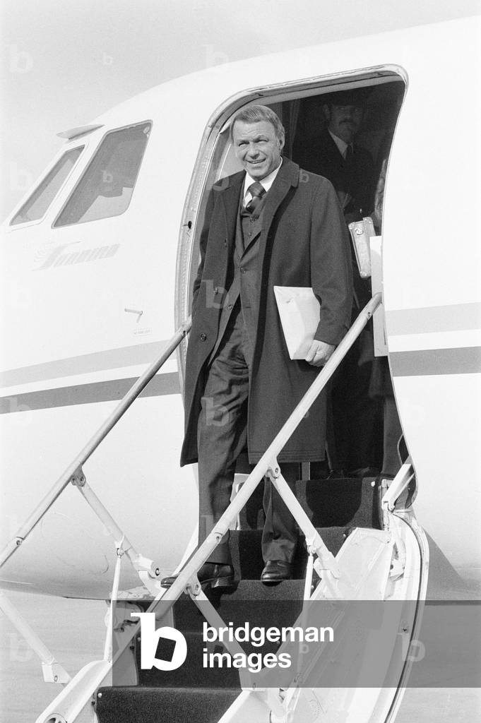 Frank Sinatra, flies into London Gatwick Airport, on his personal Gulf stream jet, Sunday 15th November 1970.