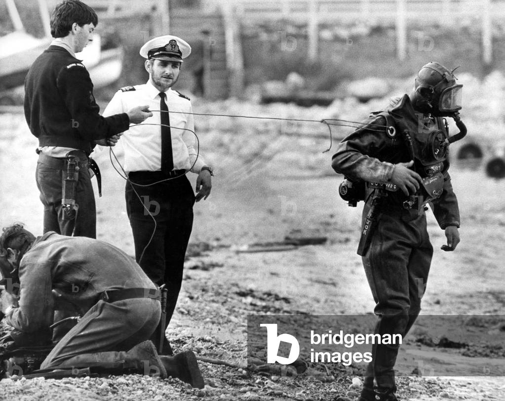 Naval diver's on the beach at Tynemouth, 1970