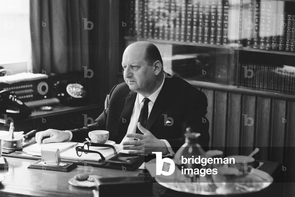 Media mogul Lew Grade pictured in his office at the ATV studios in Great Cumberland Place, London. 21st February 1964 (b/w photo)
