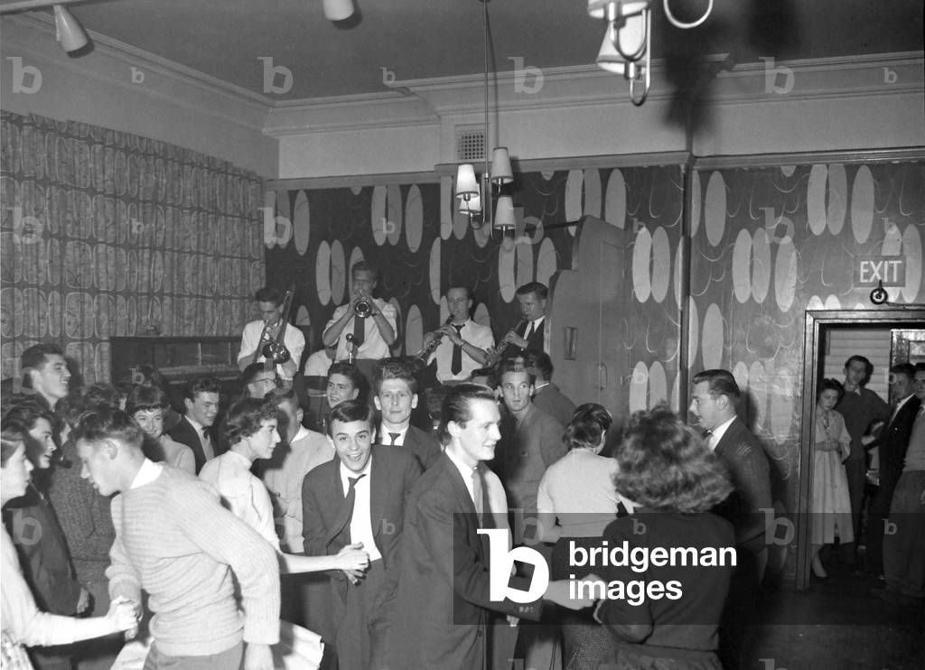 People dancing to the jazz band at the Studio One club. The resident band New Orleans Jazz Group play every Friday night. September 1958