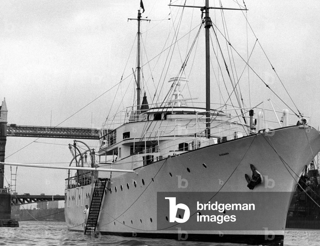 Sir Bernard and Lady Docker's private yacht 'Shemara', one of the largest in the world, is on the market for £300,000. 20th May 1968 (b/w photo)