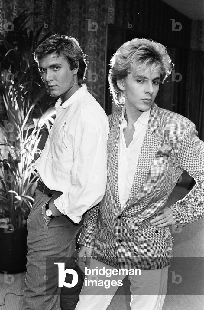Simon Le Bon & Nick Rhodes from music group Duran Duran, 20th July 1983 (b/w photo)