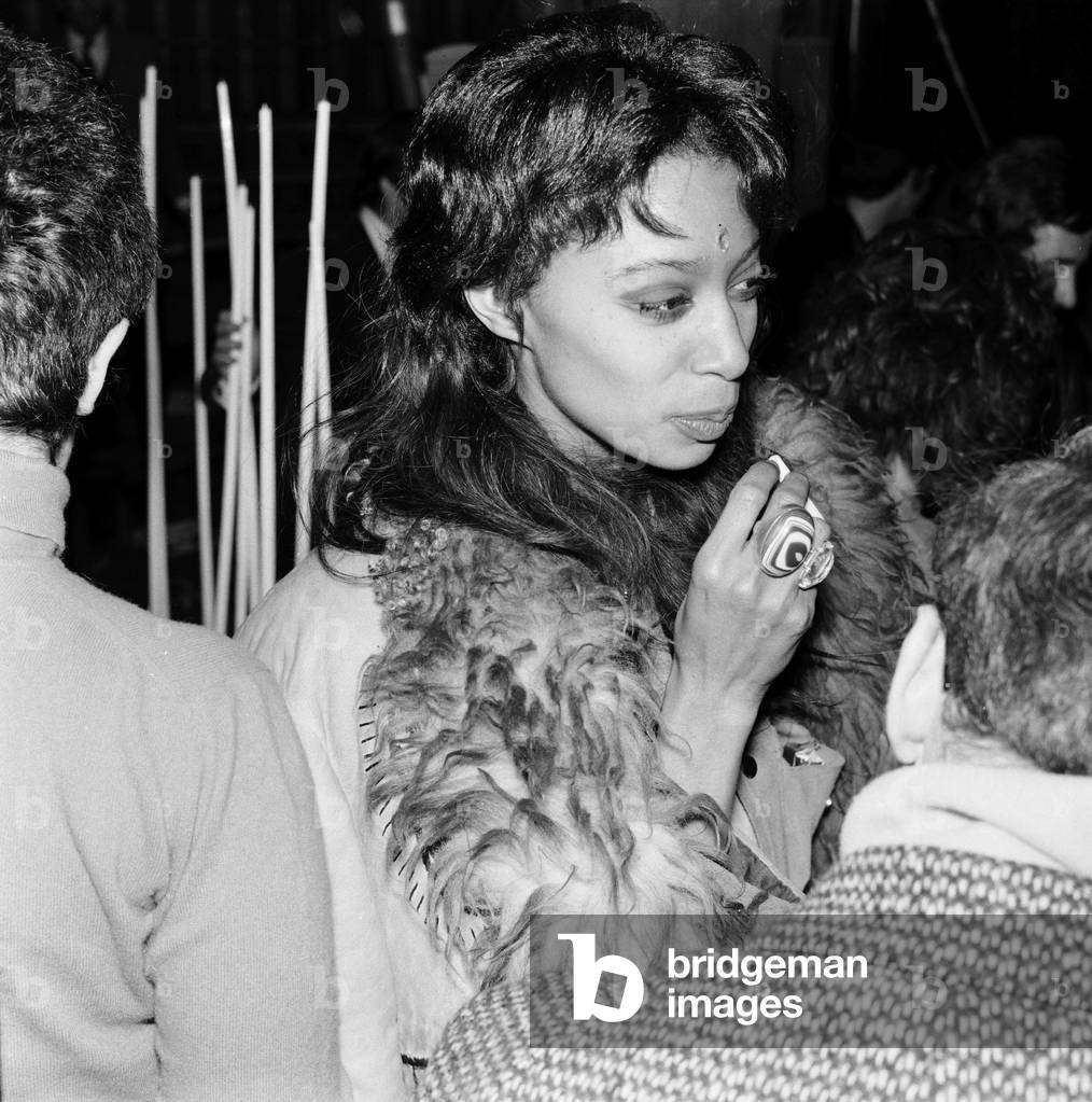 Att the filming of the Rolling Stones Rock 'n' Roll Circus model Donyale Luna who played the part of the fire eaters assistant in the Rock 'n' Circus, 11th December 1968 (b/w photo)