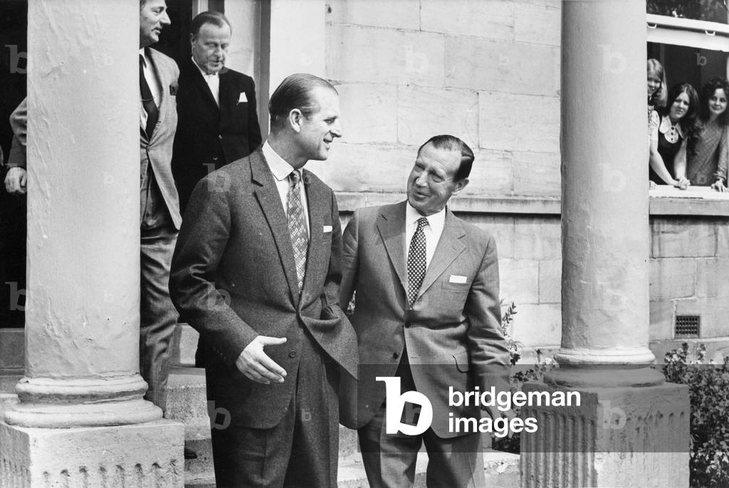 Prince Philip, Duke of Edinburgh, leaves Usworth Hall with Sir James Steel, 
11/05/1972