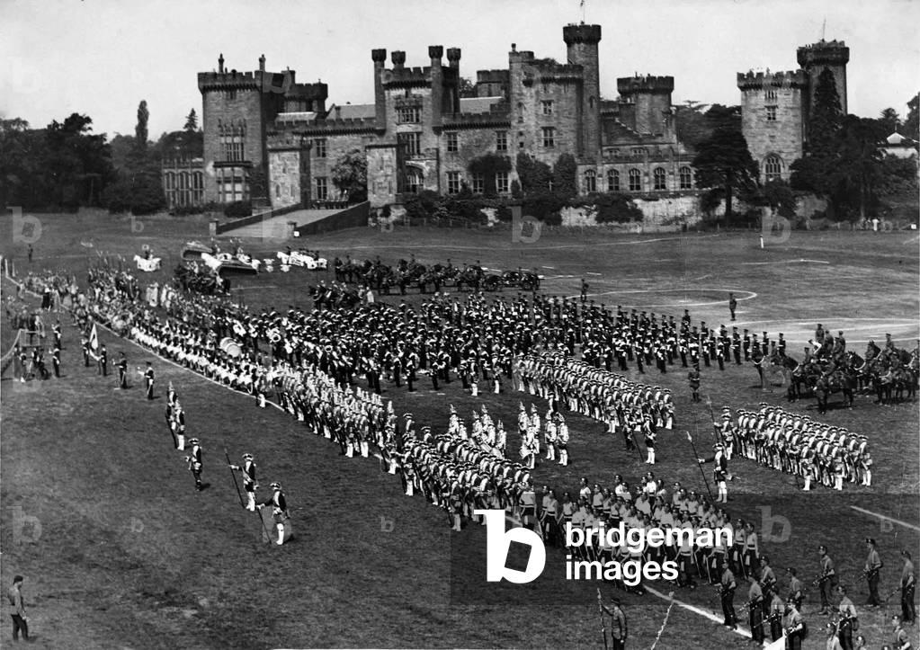 Ravensworth Castle, just off Gateshead's Team Valley, This is a rehearsal of the finale of the Northern Command Tattoo, 1936 (b/w photo)