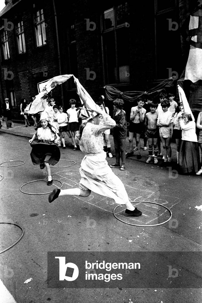 School children take part in a play in the streets of Wallsend, North Tyneside 13 June 1970 (b/w photo)