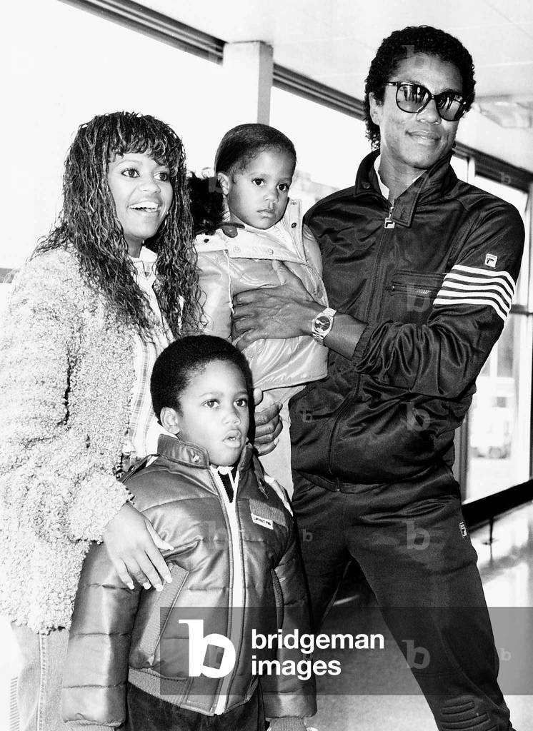 Jermaine Jackson Singer arriving at Heathrow airport with his Wife Hazel and Son Jermain Daughter 
September 1982