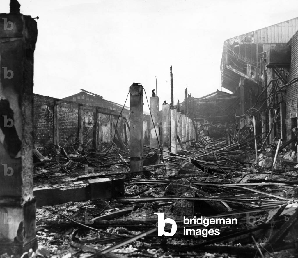 Scene of destruction at Belle Vue, Manchester following the break out of a fire in the park in October 1964 (b/w photo)