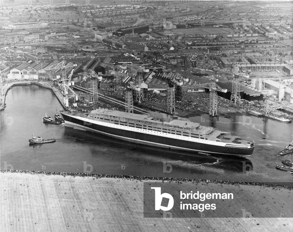 The Queen Elizabeth II - QE2 ship - An aerial view of the ship after the launching ceremony at John Brown's yard, Clydebank
