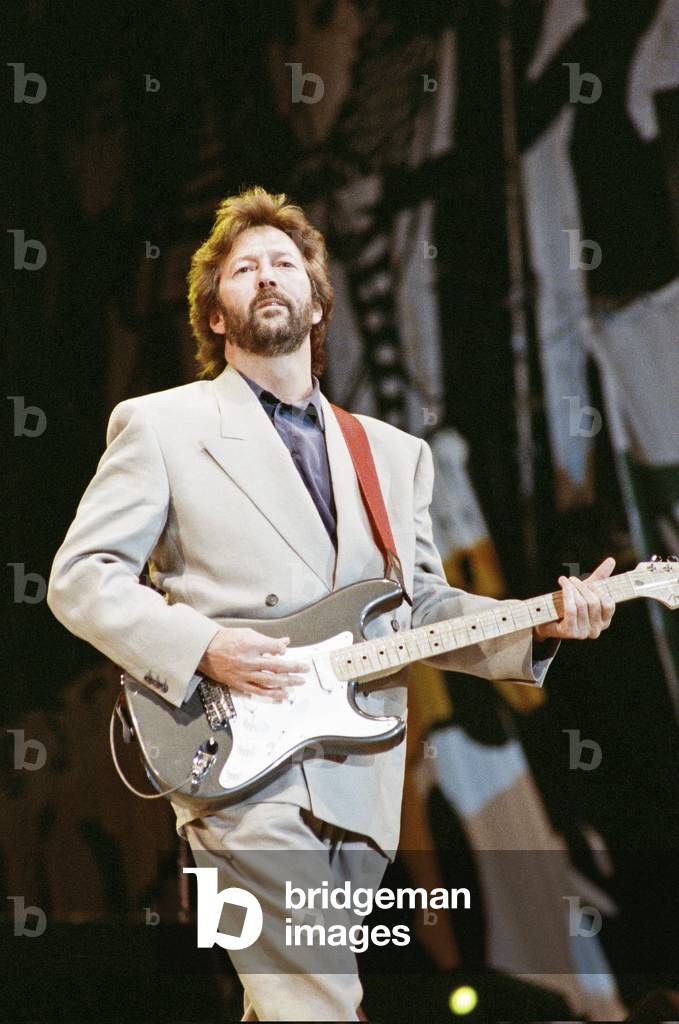 Eric Clapton on stage at Nelson Mandela 70th Birthday Tribute Concert, Wembley Stadium, London, 11th June 1988.
