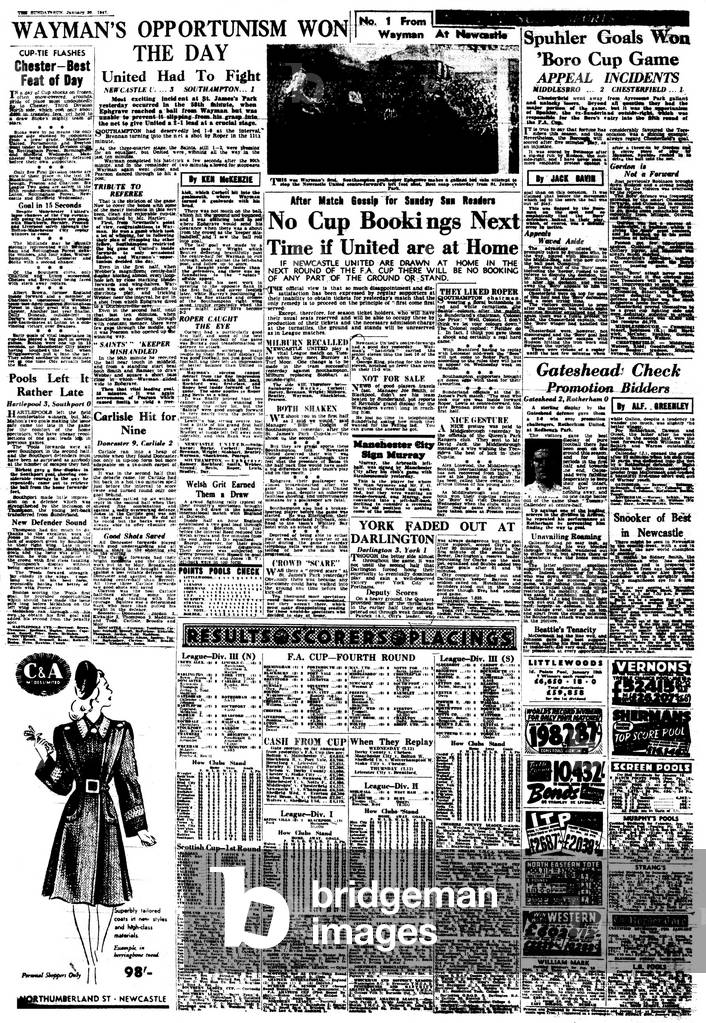 Newcastle Sunday Sun page 6 featuring a story about the Newcastle 3 - 1 - Southampton football match with the headline 'WAYMAN'S OPPORTUNISM WON THE DAY'. 26th January 1947 (photo)