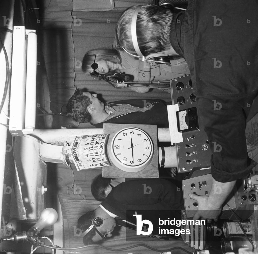 Marianne Faithfull pictured with members of Radio London pictured on the Pirate Radio Ship. 8th May 1965 (b/w photo)