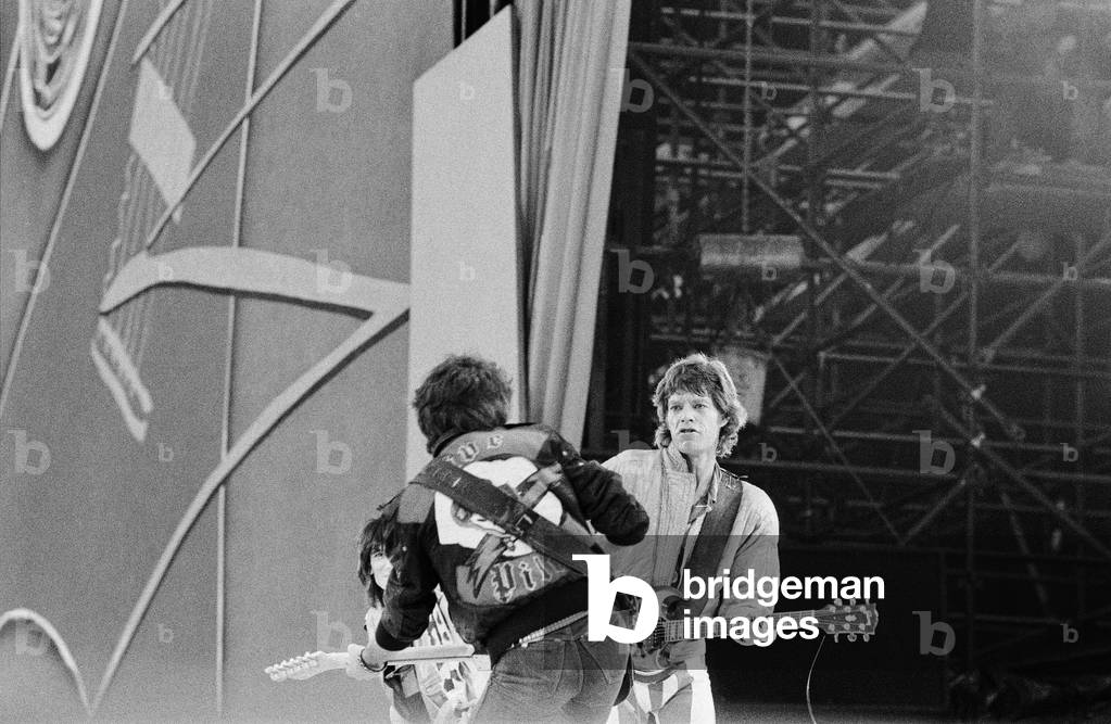 The Rolling Stones European Tour 1982.
Wembley Stadium. Mick Jagger and Keith Richards.
26th June 1982.