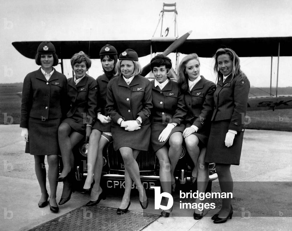 BEA Air Stewardesses line up for a group photograph at Heathrow Airport, 23rd May 1968