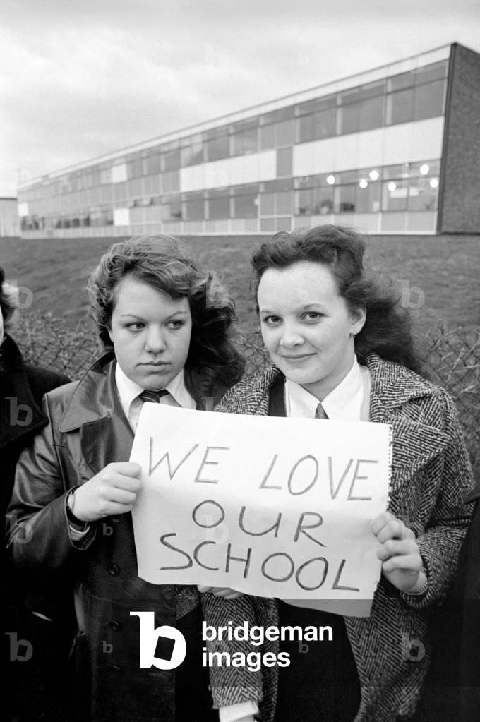 Schoolgirls protest over the closing down of their school, 15th January 1975