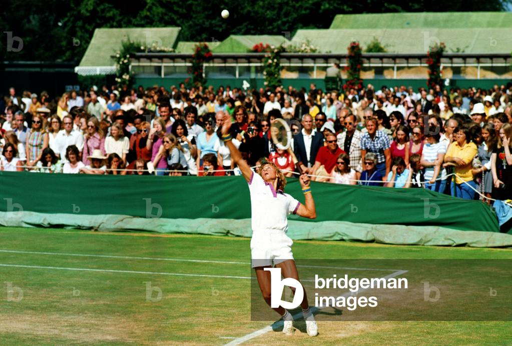 Bjorn Borg serving at Wimbledon 1973 (b/w photo)