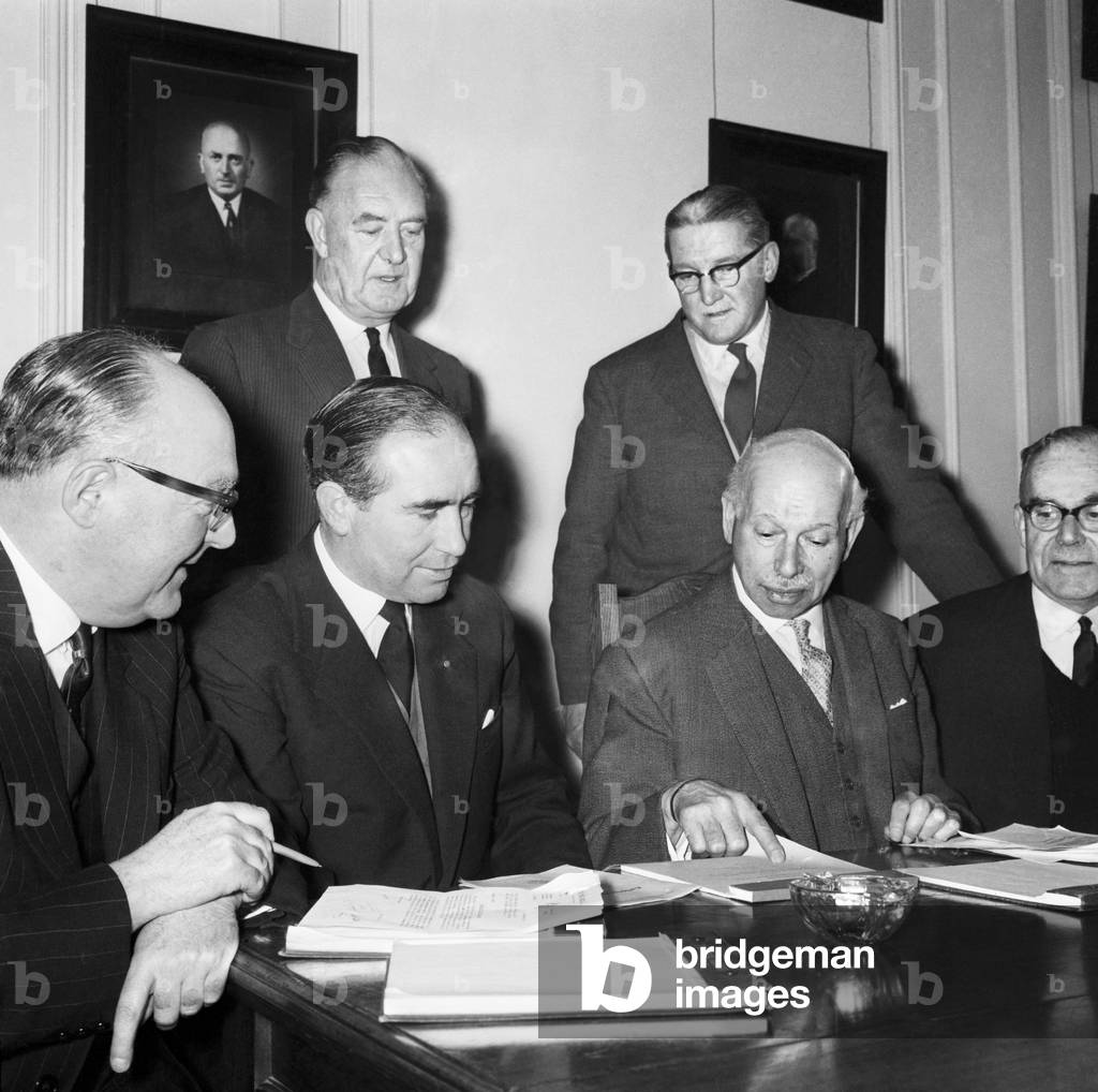 New England manager Alf Ramsey at Lancaster Gate with the FA Selection Committee. Left to right seated are: Dennis Follows, Alf Ramsey, Joe Richards and Graham Doggart. Standing are: Sid Collings and Joe Mears5th February 1963 (photo)