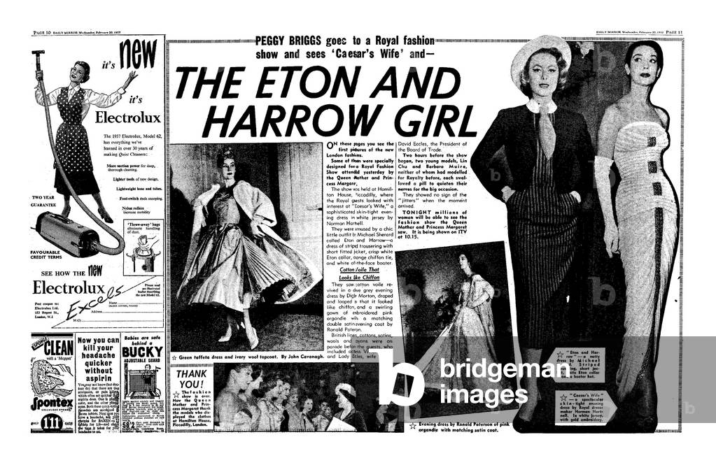 Pages 10 and 11 of the Daily Mirror, featuring the headline 'The Eton and Harrow Girl' and a picture of the Queen Mother, published Wednesday 20th February 1957 (b/w photo)