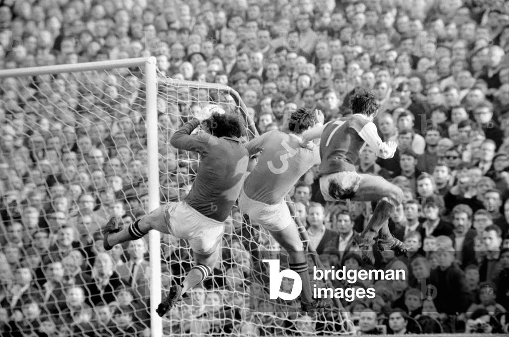 Sport Football. Arsenal vs. Manchester City. Gottit! City Keeper Joe Corrigan (left) Holds ball with Pardoe (No. 3) and Robertson (No. 7). November 1969 (photo)