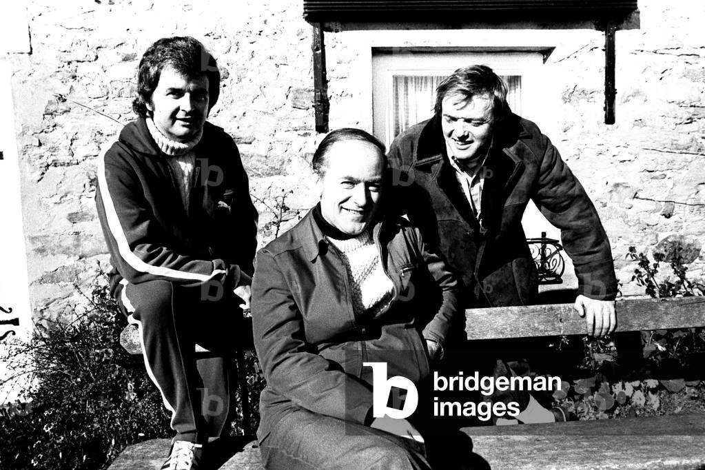 Actors Rodney Bewes and James Bolam of 'Whatever Happened To The Likely Lads' pictured on location in Tyneside with television producer and head of comedy at the BBC, James Gilbert. 12th October, 1973 (b/w photo)
