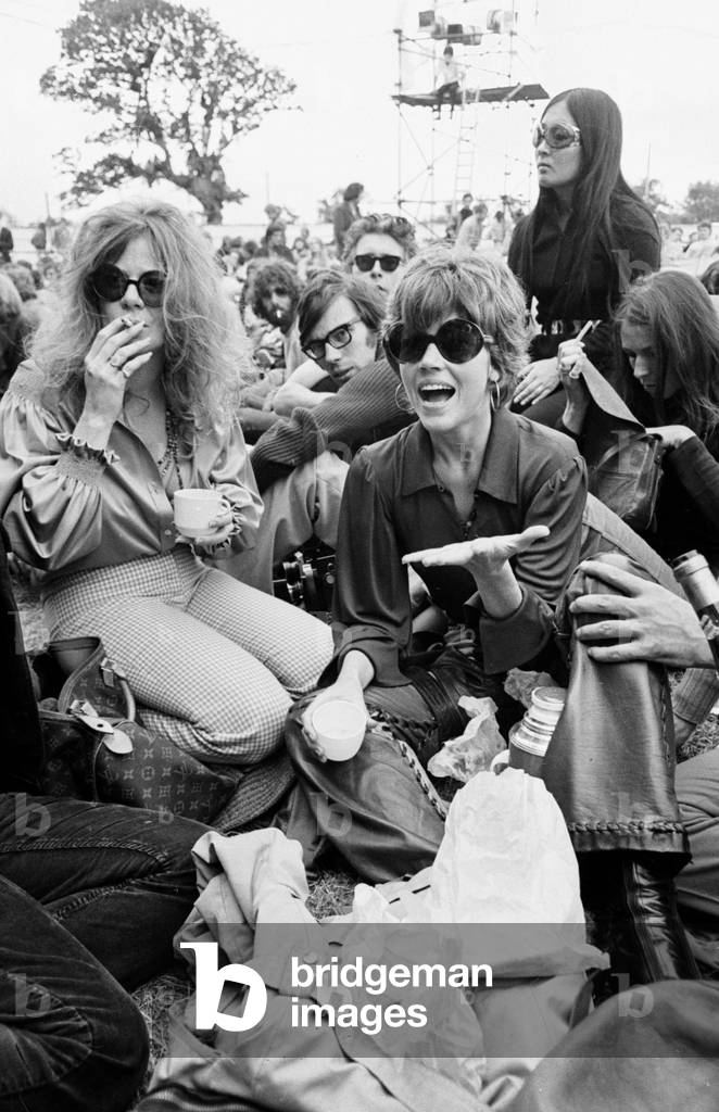 Jane Fonda in the crowd at The Isle of Wight Festival, 30th August 1969 (b/w photo)