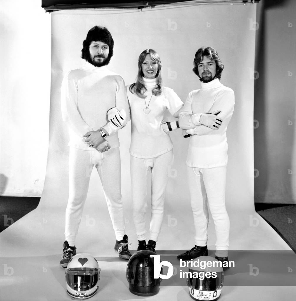 A Fireproof Combination. Noel Edmonds, Dave Lee Travers, Maureen Lynn, February 1975(b/w photo)