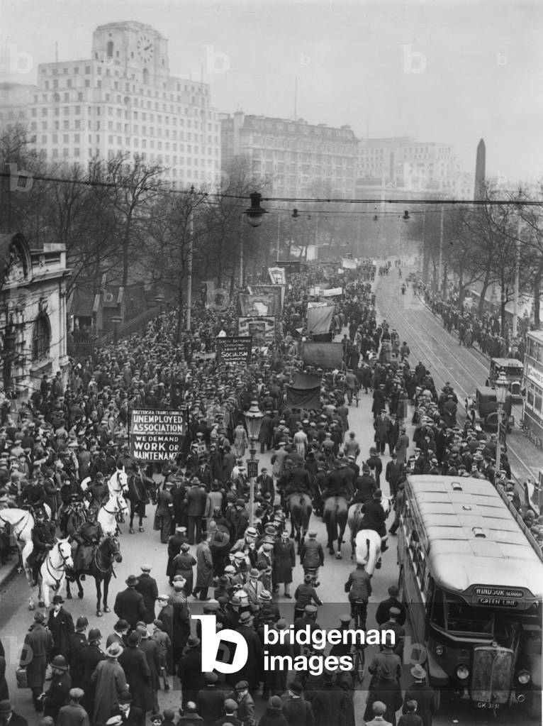 A National Unemployment demonstration showing the procession moving along the Embankment towards Hyde Park, London, 5th February 1933 (b/w photo)