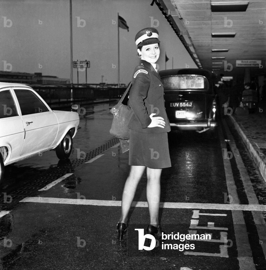 Beauty Queen Traffic Wardens at London's Heathrow Airport, January 1975 (b/w photo)