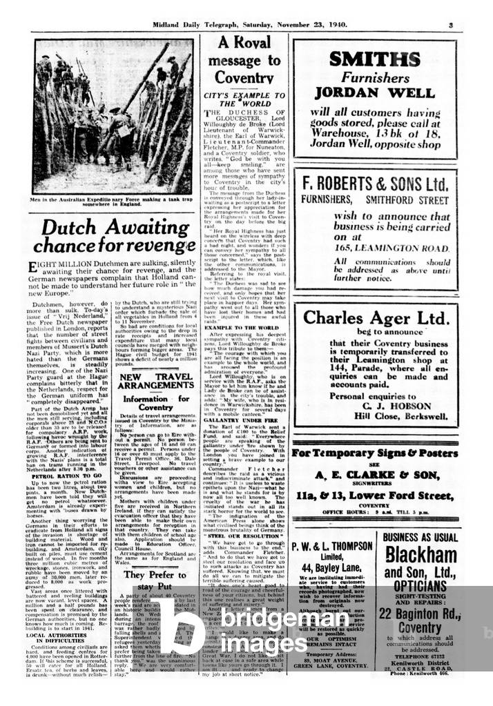 Midland Daily Telegraph, Published Page 3, 23rd November 1940 (b/w photo)