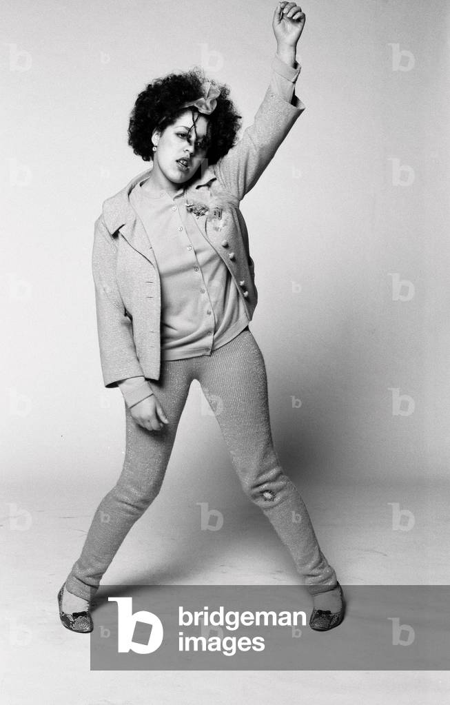 Marianne Joan Elliott-Said, more commonly known as Poly Styrene, lead singer with the pioneering punk group X-Ray Spex. 18th December 1977 (b/w photo)