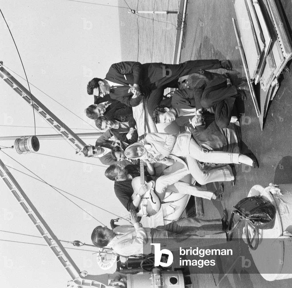Marianne Faithfull pictured with members of Radio London pictured on the Pirate Radio Ship. 8th May 1965 (b/w photo)