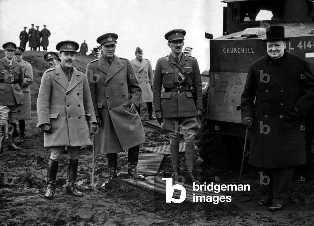 Winston Churchill Prime Minister at Tank demonstration (b/w photo)