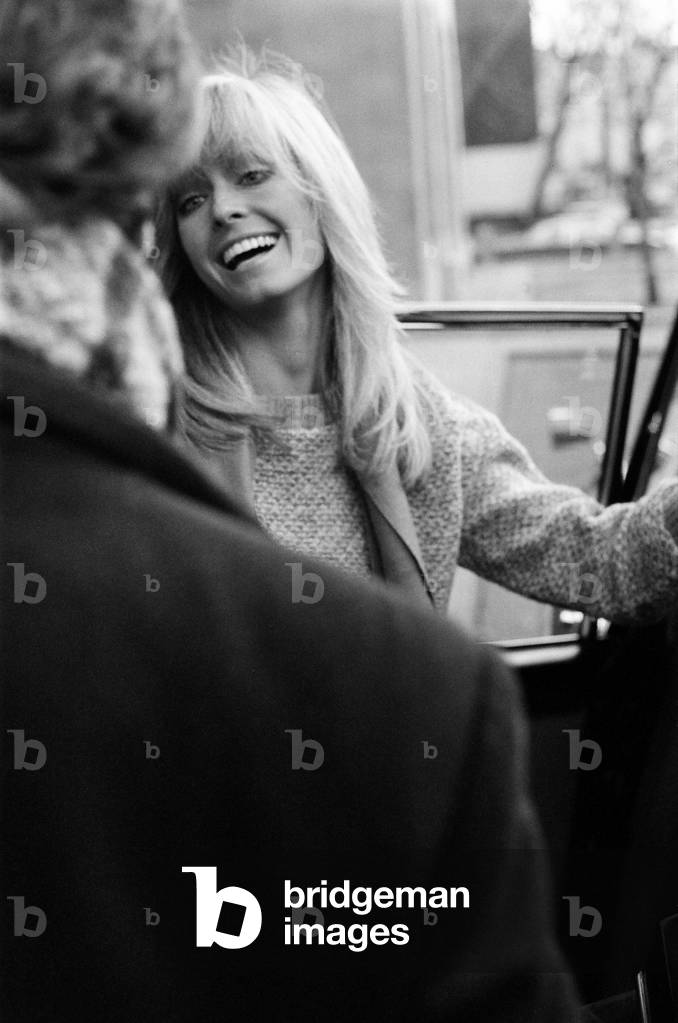 US actress Farrah Fawcett Majors, pictured during visit to London, January 1979 (b/w photo)