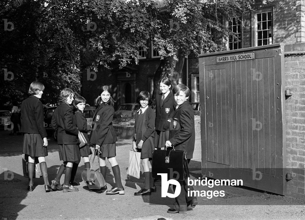 Boys arriving at Barrs Hill School in Coventry for the first time since it changed from an all girls grammar to a mixed school. 28th August 1975 (b/w photo)