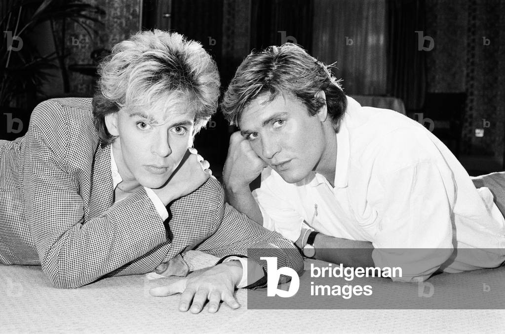 Simon Le Bon & Nick Rhodes from music group Duran Duran, 20th July 1983 (b/w photo)