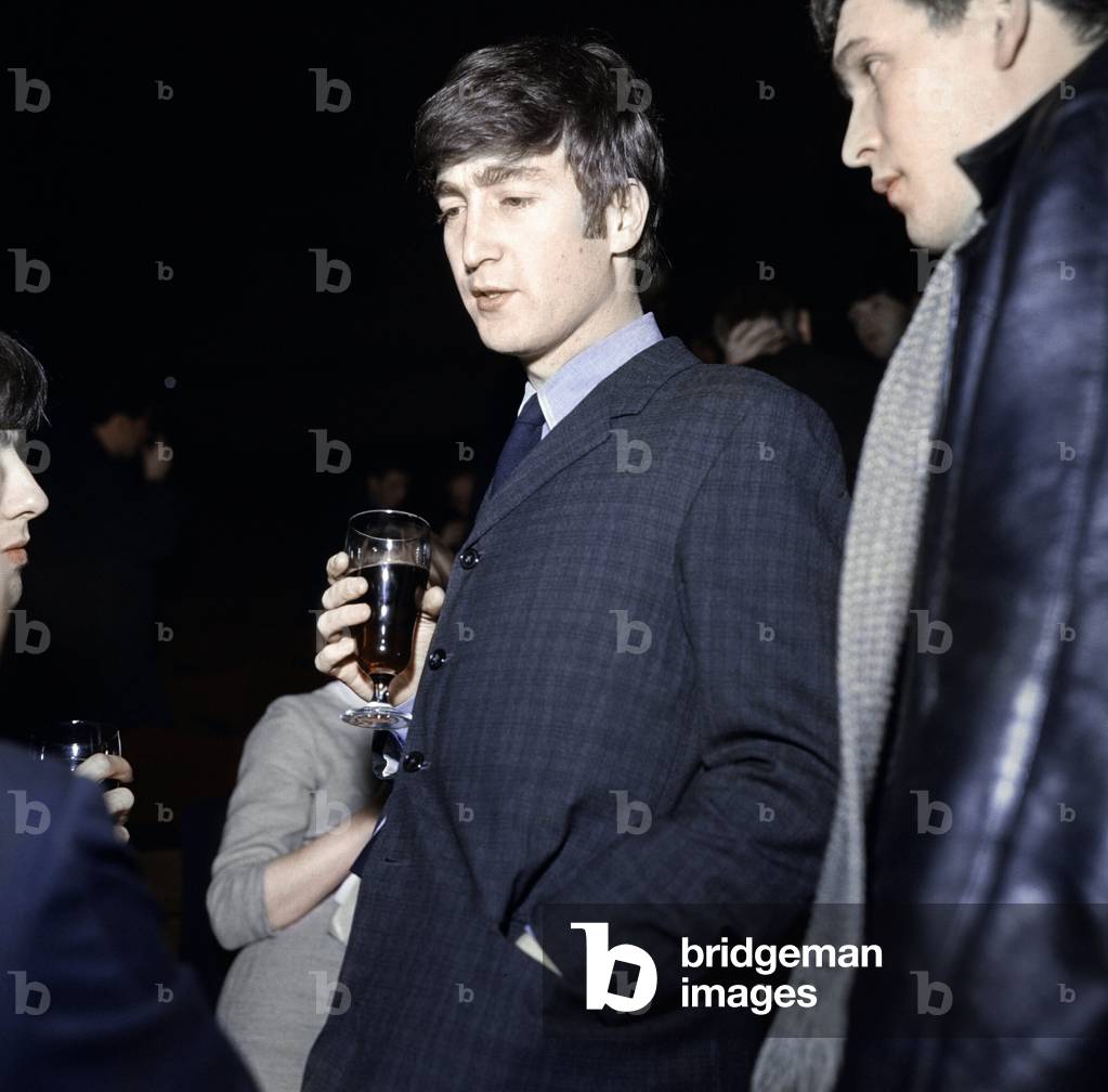 John Lennon, singer of British pop group The Beatles, pictured at Huddesfield. 29th November 1963 (photo)
