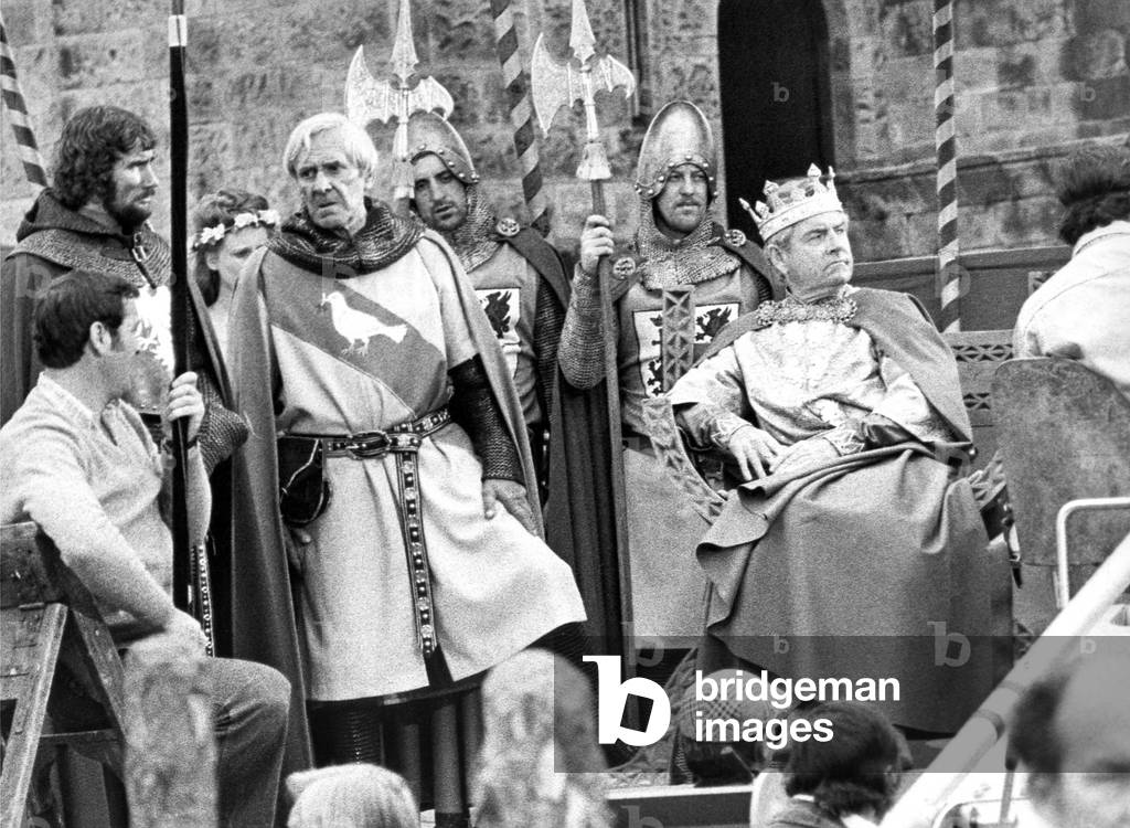 Facing the camera for the first day of production of the film The Space Man and King Arthur at Alnwick Castle, Northumberland, 1978 (b/w photo)